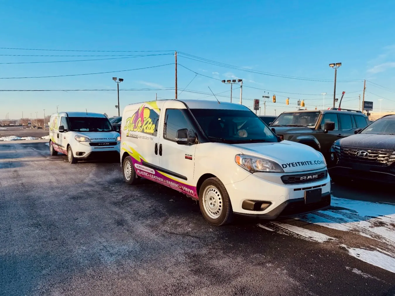 Dye It Rite mobile service vans parked on a dealership lot