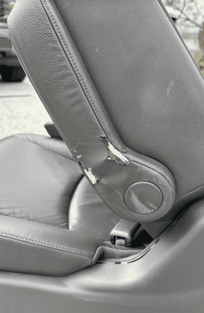 Peeling vinyl armrest before auto upholstery repair in York PA